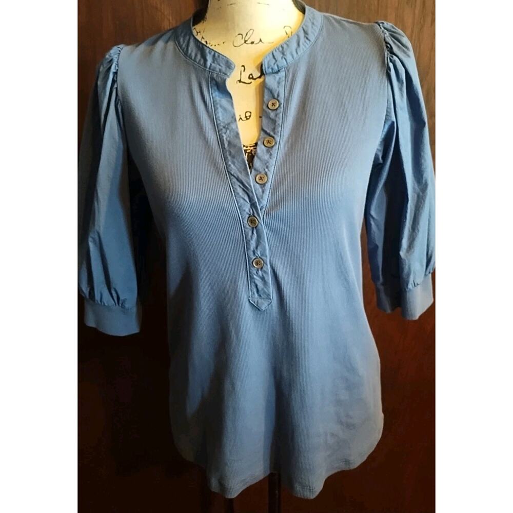 Veronica Beard Jeans Coralee Blue Ribbed Knit Top Puff Sleeve Blouse Large L